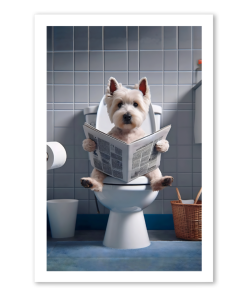 West Highland Terrier Reading Newspaper On The Toilet