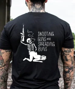 SHOOTING GUNS AND SPREADING BUNS Skull with Sexy Lady Print T-shirt