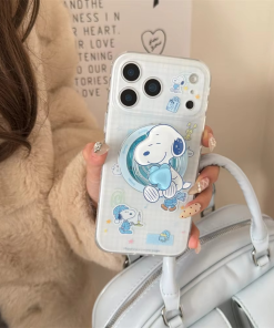 Ins Plaid Kawaii Snoopy Magnetic Phone Case for iPhone 17 Pro 13 14 15 16 Pro Max Cover With Magsafe Stand Cute Shockproof Funda